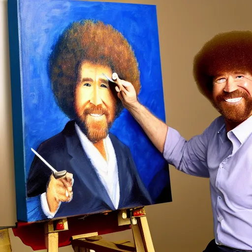 Prompt: a painting of Bob Ross sitting in front of an easel painting a picture of Bob Ross sitting at a table painting a picture of Bob Ross eating an apple, painted by Bob Ross, oil painting, trending on artstation, 8k