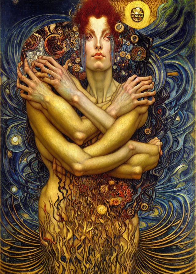 Image similar to Divine Chaos Engine by Karol Bak, Jean Delville, William Blake, Gustav Klimt, and Vincent Van Gogh, symbolist, visionary