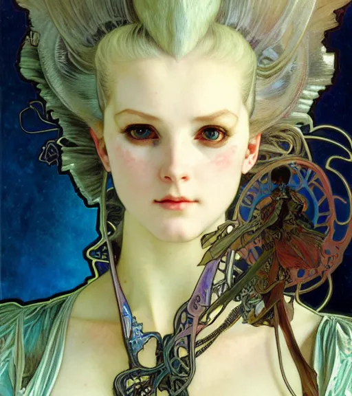 Prompt: realistic detailed face portrait of beaitiful young otherworldly alien cyberpunk warrior marie antoinette by alphonse mucha, ayami kojima, amano, greg hildebrandt, and mark brooks, art nouveau, female, feminine, rococo cyberpunk, neo - gothic, gothic, character concept design