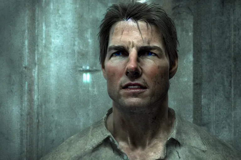 Image similar to a gaming screenshot portrait still of tom cruise in silent hill, greg rutkowski, zabrocki, karlkka, jayison devadas, phuoc quan, trending on artstation, 8 k, ultra wide angle, video game graphics, realistic unreal engine 3 d game, zenith view, cyberpunk pincushion lens effect