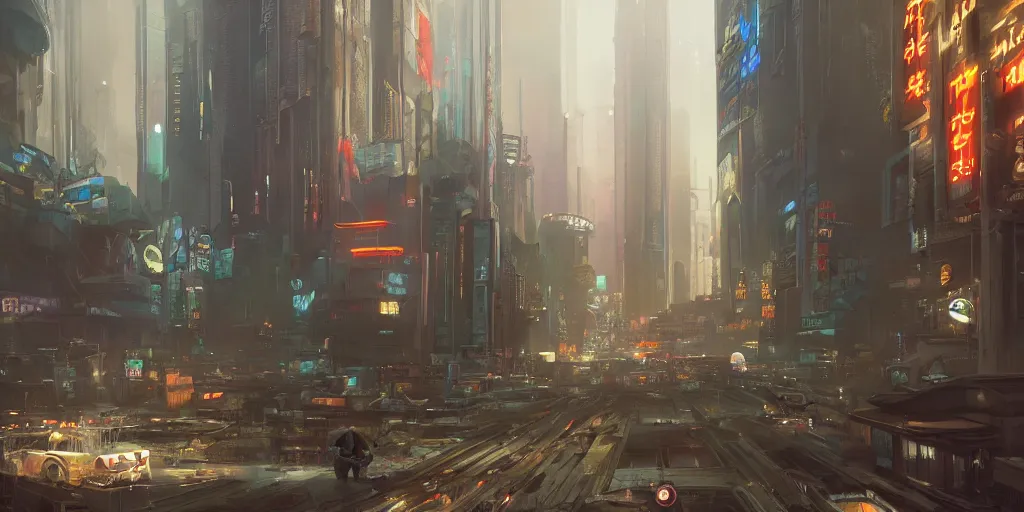 Prompt: a street in los angeles as cyberpunk city, painted by craig mullins, neon, artstation, matte painting, detailed 8 k, unreal render,