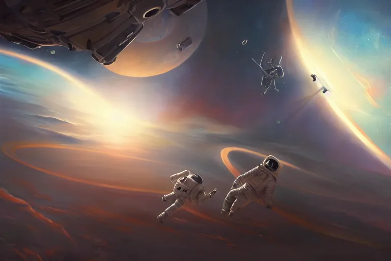 Prompt: an astronaut flies in space opposite a star by Tyler Edlin and Noah Bradley and Jim Burns, award winning, atmospheric, epic and stunning, monumental, featured on artstation, HD, 4k, 8k