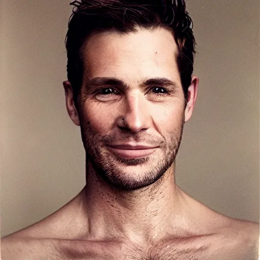 Image similar to a headshot portrait of a happy handsome masculine gay man by Annie Leibovitz