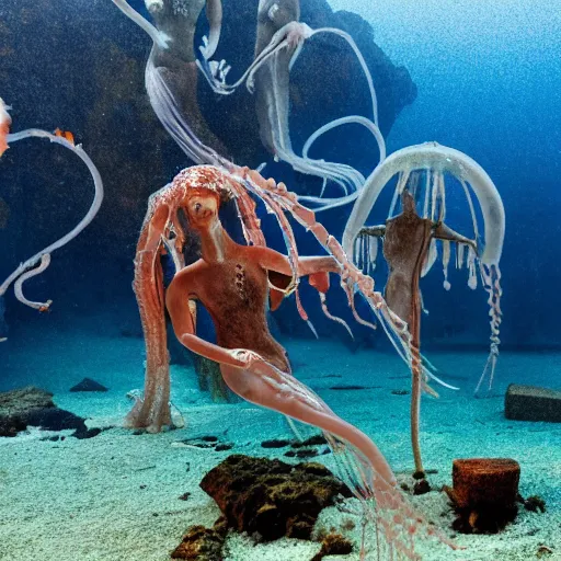 Prompt: underwater photograph of ancient greek ruins with rotting mannequins and smudged makeup in various poses, elegant jellyfish, exploration, national geographic, volumetric lighting