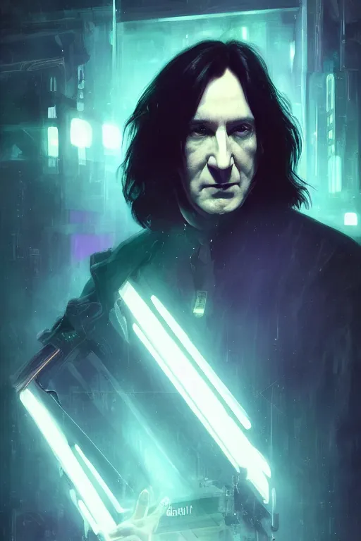 Prompt: portrait of severus snape with holograms in cyberpunk, neon lighting, night city, digital art from artstation by Ruan Jia and Mandy Jurgens and Artgerm and william-adolphe bouguereau and Greg Rutkowski