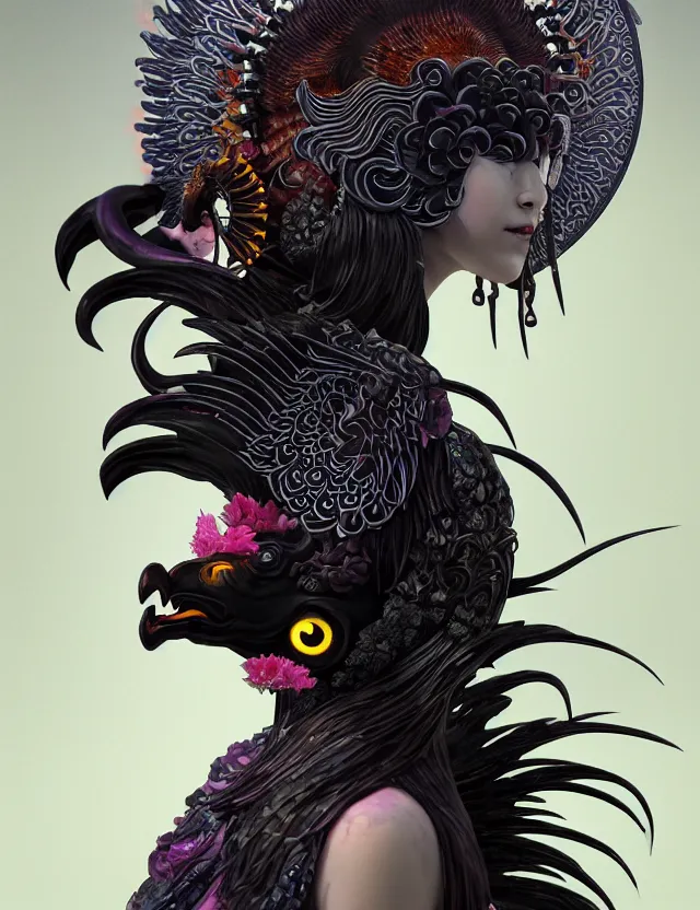 Image similar to 3 d goddess of hell close - up profile portrait with ram skull. beautiful intricately detailed japanese crow kitsune mask and clasical japanese kimono. betta fish, jellyfish phoenix, bio luminescent, plasma, ice, water, wind, creature, artwork by tooth wu and wlop and beeple and greg rutkowski