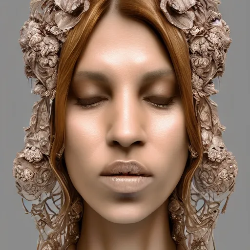 Image similar to beatifull face portrait of a woman, 150 mm, anatomical, flesh, flowers, mandelbrot fractal, facial muscles, veins, arteries, intricate, golden ratio, full frame, microscopic, elegant, highly detailed, ornate, ornament, sculpture, elegant , luxury, beautifully lit, ray trace, unreal, 3d, PBR, in the style of peter Gric , alex grey and Romero Ressendi