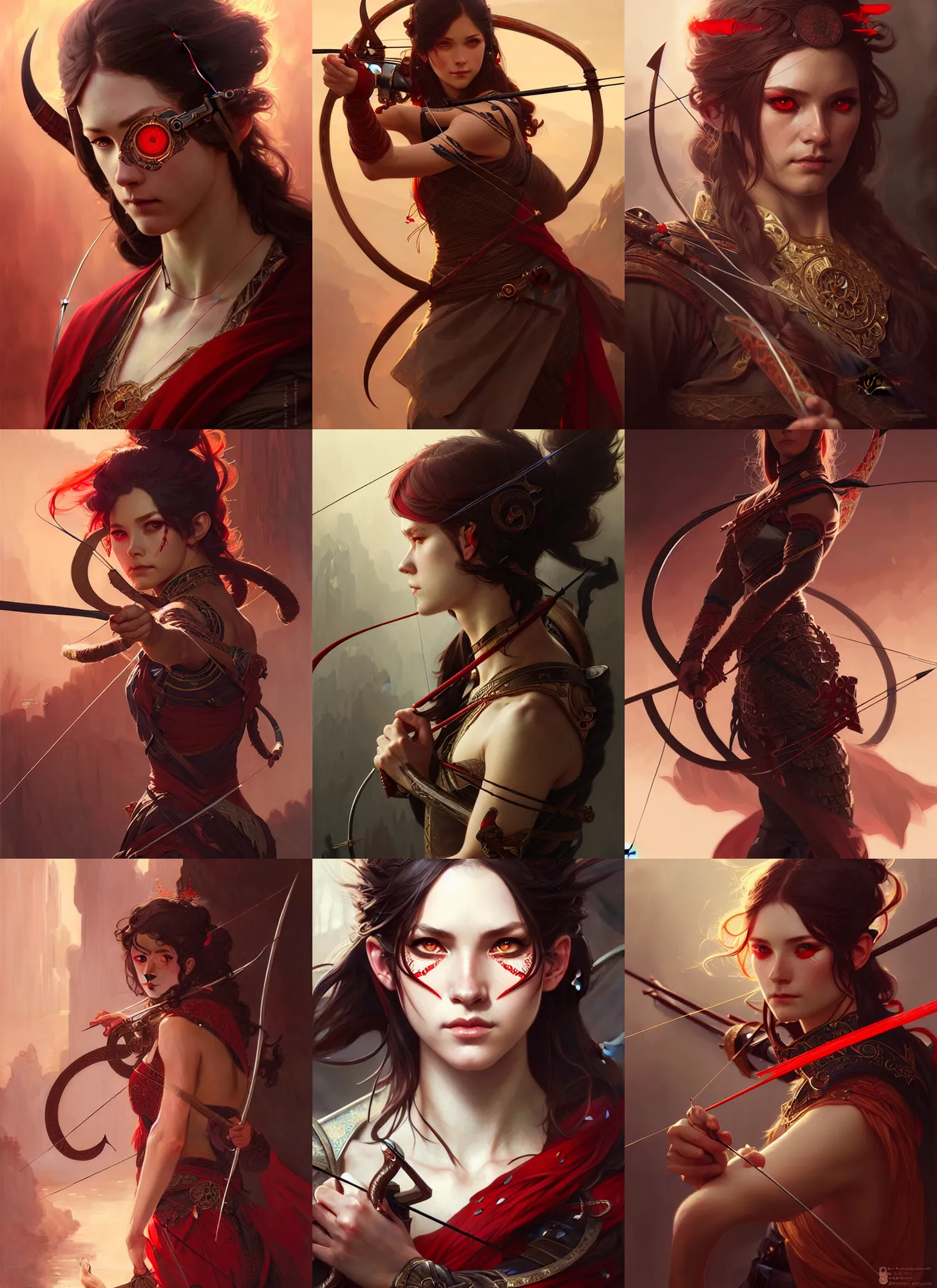 Image similar to portrait of a dnd archer, red eyes, intricate, elegant, sharp focus, illustration, highly detailed, digital painting, concept art, matte, art by wlop and artgerm and greg rutkowski and alphonse mucha, masterpiece