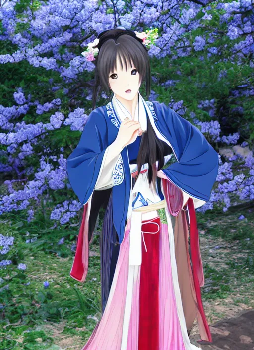 Image similar to beautiful seductive girl wearing hanfu, farm background, by kyoani in the style of shining resonance, by yuumei