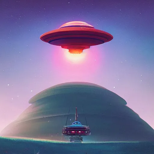 Prompt: “A spaceship hovering above a strange alien planet by Simon Stalenhag, 8k, highly detailed, trending on artstation”