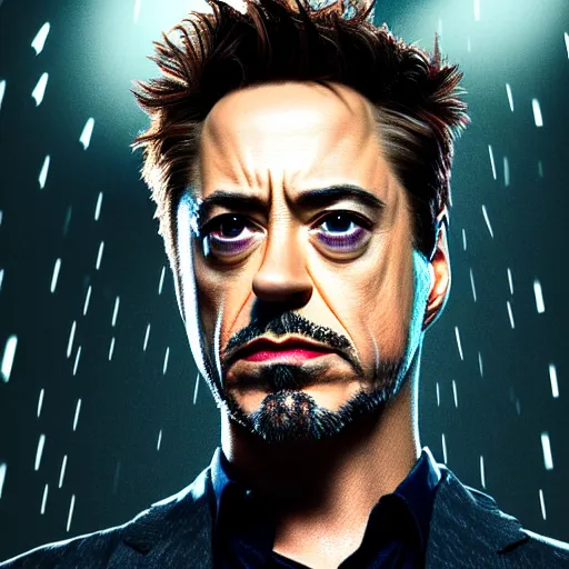 Image similar to photorealistic, hyperdetailed photograph portrait of robert downey junior, night, city, rain, dense fog, hd, 8 k resolution