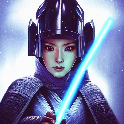 Prompt: head and shoulders portrait of a female knight, jedi, robes, blue lightsaber, beautiful japanese samurai, star wars, by artgerm, face detail, extremely detailed, digital illustration