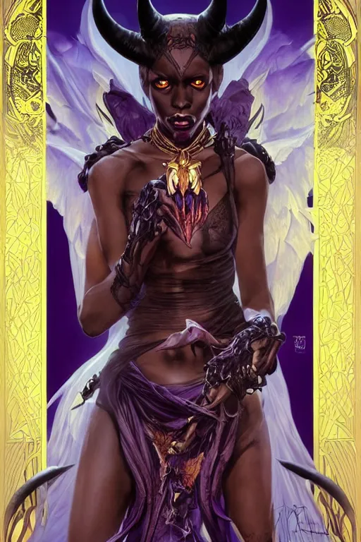 Prompt: african female devil with demon horns, bright gold eyes, bat wings, straight long purple hair, dark skin, tribal occult body tattoos, smooth, sharp focus, illustration, art by artgerm and greg rutkowski and alphonse mucha