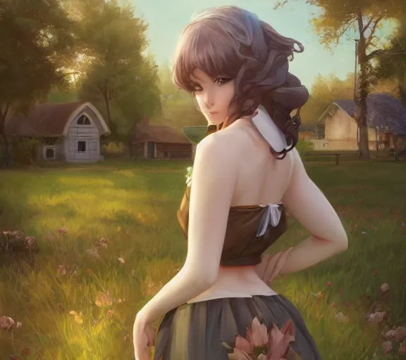 Prompt: a beautiful girl by the cottage in the country, by Artgerm Lau and Krenz Cushart，hyperdetailed, trending on artstation, trending on deviantart