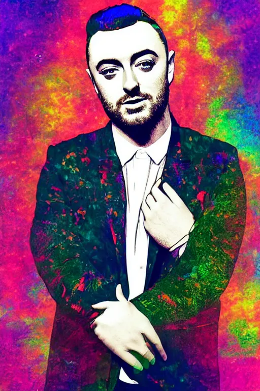 Prompt: inspirational style hope poster of sam smith with beard, psychedelic colors, highly detailed, realistic, loving