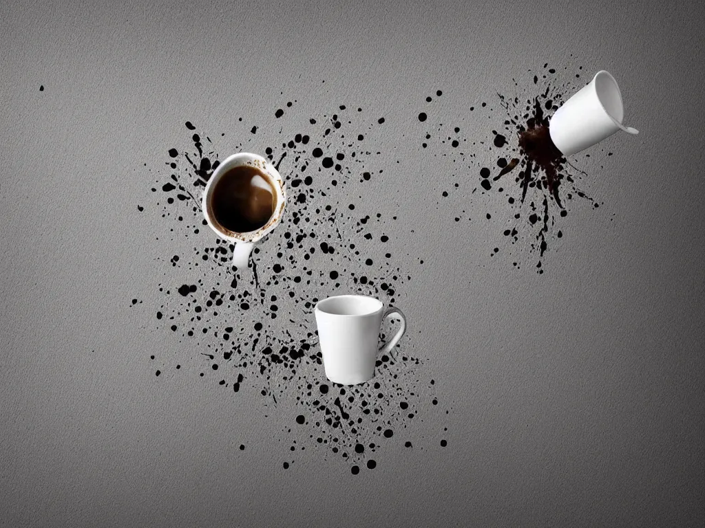 Prompt: 3D art, a coffee cup shattering against a wall