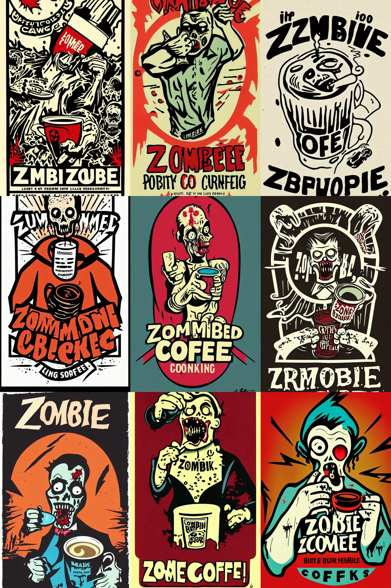 Prompt: zombie drinking coffee logo, take away coffee, by mcbess, full colour print, vintage colours, lightning bolts, 1950s