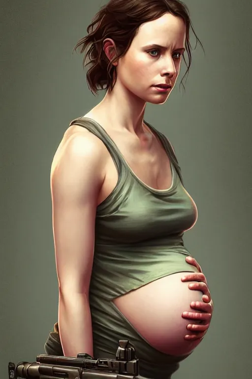 Image similar to pregnant jyn erso in a tank top, realistic portrait, symmetrical, highly detailed, digital painting, artstation, concept art, smooth, sharp focus, illustration, cinematic lighting, art by artgerm and greg rutkowski and alphonse mucha