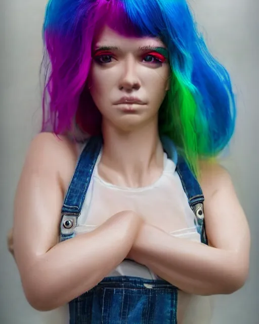 Prompt: realistic, full body shot, portrait of an attractive woman with rainbow hair, drunk, angry, soft eyes and narrow chin, dainty figure, long hair straight down, torn overalls, short shorts, combat boots, basic white background, side boob, wet shirt, wet, raining, low angle, very low angle, highly detailed face, realistic face, beautiful detailed eyes, fantasy art, in the style of greg rutkowski, illustration, epic, fantasy, intricate, hyper detailed, artstation, concept art, smooth, sharp focus, ray tracing, vibrant,