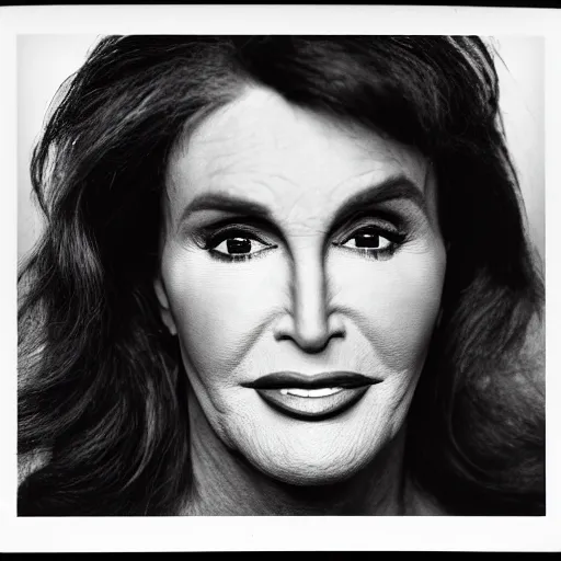 Prompt: photo of Caitlyn Jenner by Diane Arbus, black and white, high contrast, Rolleiflex, 55mm f/4 lens