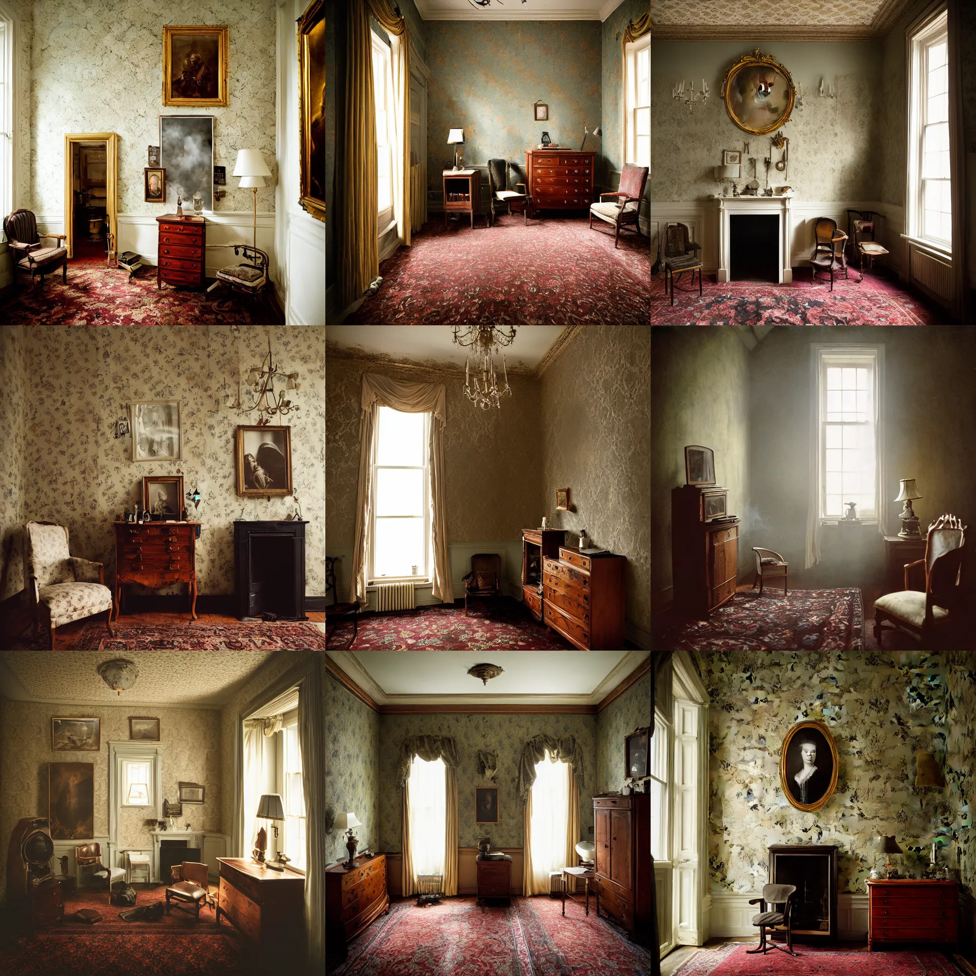 Prompt: kodak portra 4 0 0, wetplate, 8 mm extreme fisheye, award - winning portrait by britt marling of a 1 7 5 0 s room, walkers from the walking dead, picture frames, shining lamps, dust, smoke 1 7 5 0 s furniture, wallpaper, carpet, interior, muted colours, fog