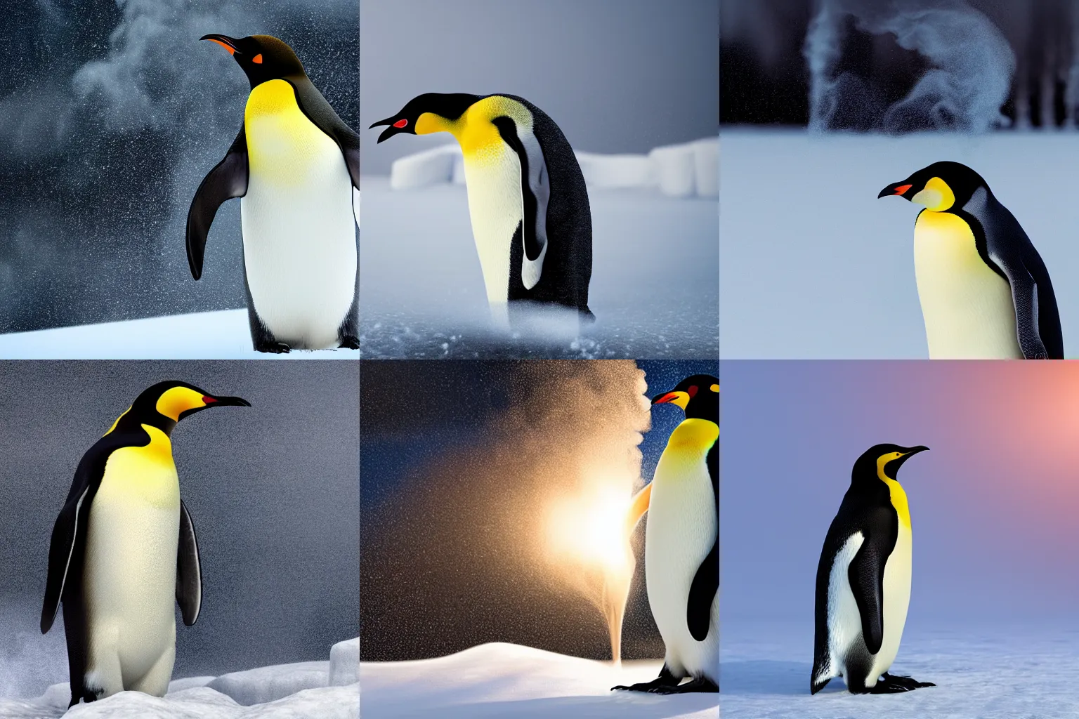 Image similar to ultra detailed octane render of an emperor penguin, volumetric lighting, post processing, after effects, smoke, shadows and natural lighting, dramatic pose, steam rising, snowy background, ultra high detail, ultra fine hair, ultra fine texture, hyper realistic,