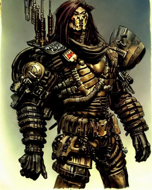 Prompt: full figure of a tech goth soldier wearing armor by simon bisley, john blance, frank frazetta, fantasy, barbarian