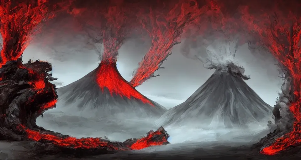 Prompt: a volcano made of ivory vines and crimson rocks enters in eruption, it spits a smoke in the shape of demonic eye, by D&D Concept Artists