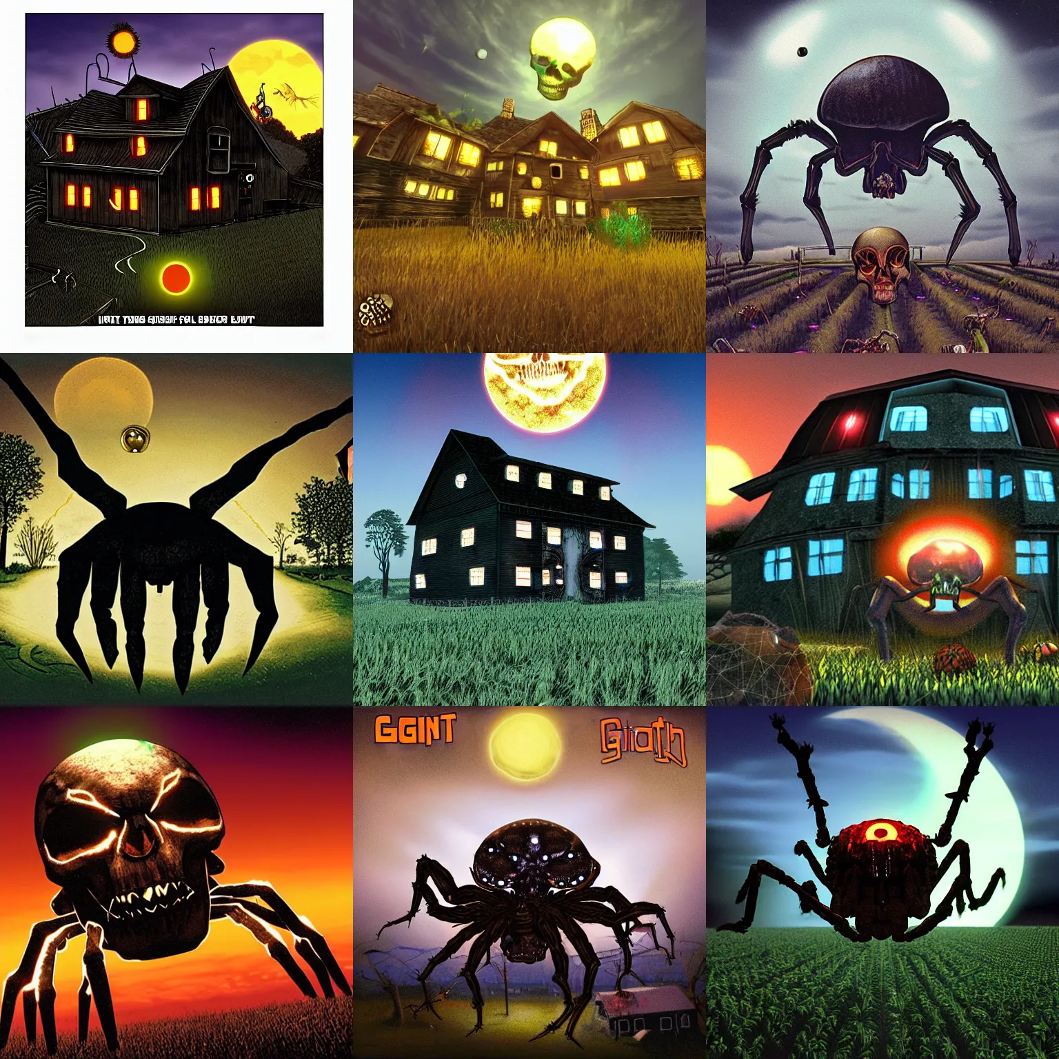 Prompt: giant skull spider with bright glowing eyes hovering over a farm house at dusk, ps2 boxart