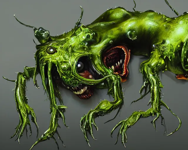 Image similar to Haunting horrifying hyperrealistic detailed painting of a tall slim spider canine creature made of slime, gelatinous green goop, heavy metal, disgusting, creepy, unsettling, and bloodshot eyeballs, hyper detailed, trending on Artstation