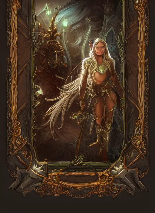 Prompt: filigree frame, elven, dwarven, magic, hearthstone, artstation