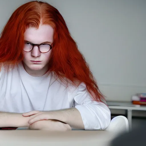 Image similar to a teenage boy red-haired long-haired, sitting at a desk with a computer, in a white room, Charlie Bowater, 8k, sharp focus