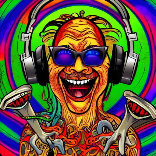 Image similar to artgerm, psychedelic laughing demon, rocking out, headphones dj rave, digital artwork, r. crumb, svg vector