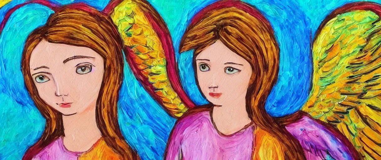 Image similar to biblically accurate angel, painting, artistic, angelic, colorful