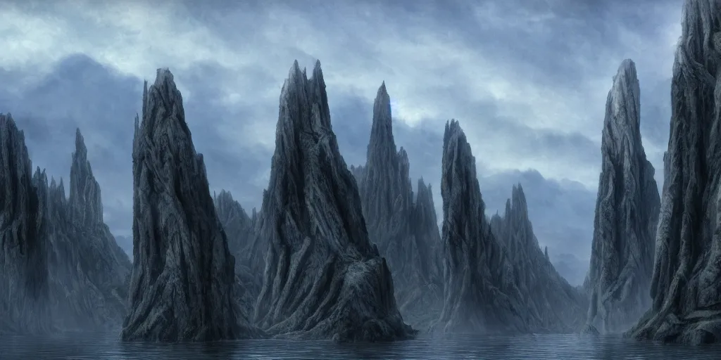 Image similar to Argonath statues at the River Anduin, Pillars of the Kings, evening, detailed matte painting, low angle view, cinematic, Alan Lee, Artstation