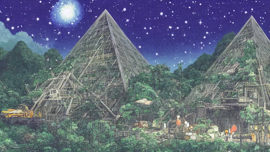 Image similar to a movie still from a studio ghibli film showing an industrial mining runoff storage facility, and a pyramid under construction, in the rainforest on a misty and starry night. by studio ghibli