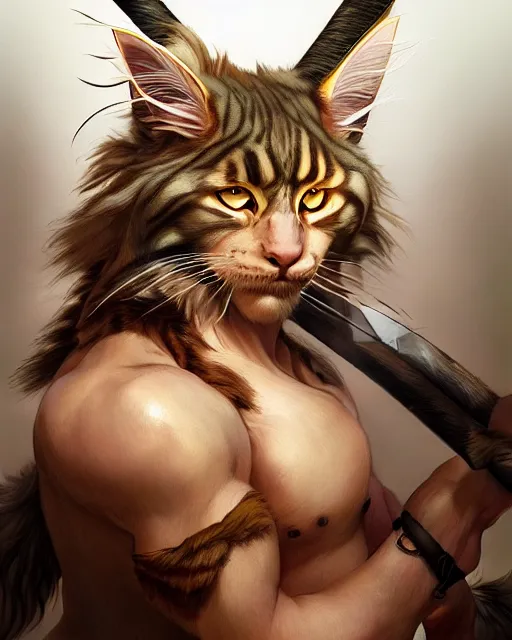 Image similar to portrait of a very cute fursona maine coon barbarian, muscular, wild, d & d, fantasy, intricate, full - length, cinematic lighting, highly detailed, digital painting, artstation, concept art, smooth, sharp focus, illustration, art by hajime sorayama