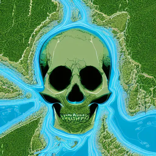 Prompt: landsat image of a river flowing in the shape of a skull, detailed, 4k, vector, contrasting colors, false colors