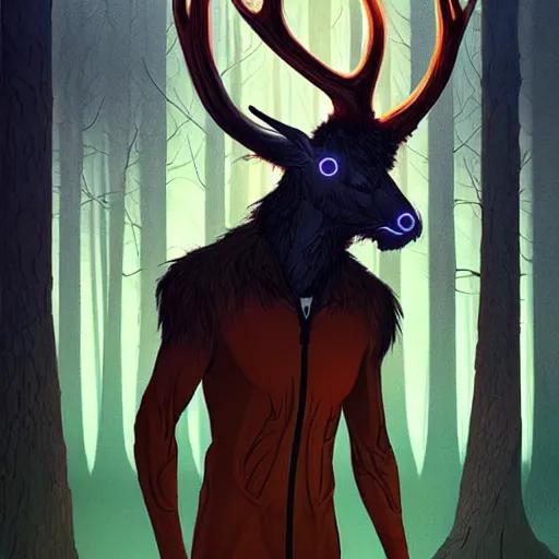 Image similar to rafeal albuquerque comic art, joshua middleton, artgerm : : wendigo monster with deer skull face, antlers, furry body, tall and lanky : : walking through the forest : : night time : : spooky, scary, fog