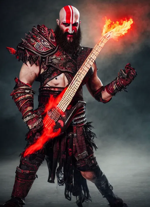 Prompt: red face paint armored screaming kratos rocking out on a flaming stratocaster guitar, cinematic render, god of war 2 0 1 8, playstation studios official media, lightning, flames, left eye red stripe, red left eye stripe, left eye red stripe, red left eye stripe, clear, coherent, guitar