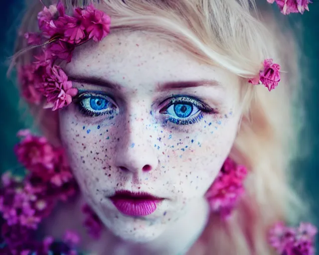 Image similar to pale young woman with bright blonde hair, freckles, blue eyes and a wide face, flowery dress, using a dslr camera, dramatic, surreal art by anna nikonova