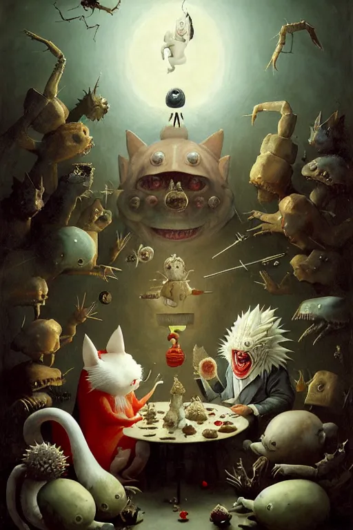 Prompt: hieronymus bosch, greg rutkowski, anna podedworna, painting of two white haired catgirls, a small fat blue godzilla, a pickle in a suit and tie, a cybernetic fox woman, a woman with one eye, a small hedgehog, a man with a shrimp for a head, all laughing at a vampire clown with red hair