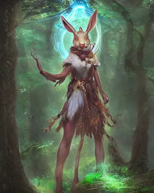 Image similar to a mystic rabbit druid mage. photorealistic, ethereal, magical forest, bokeh, highly detailed, trending artstation