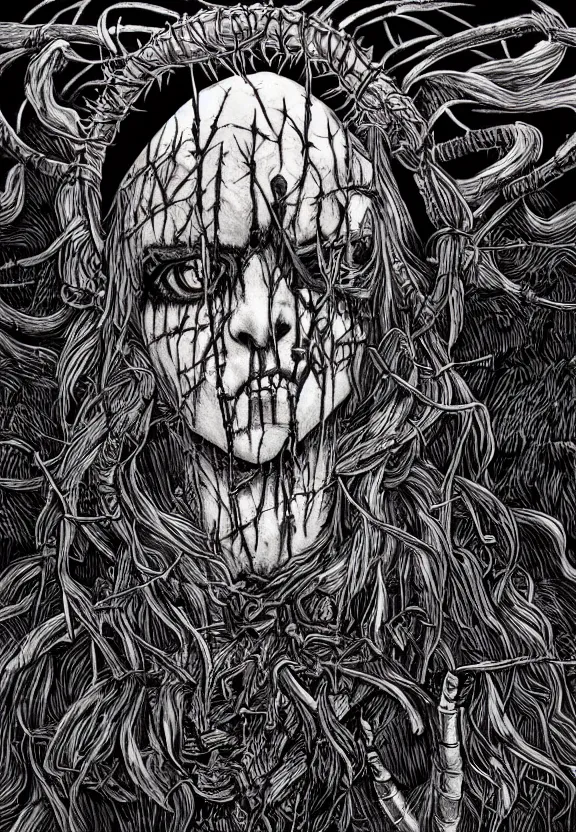 Image similar to man wearing corpse paint and a crown on thorns with long black hair, tears of blood. Wide shot at night. Detailed artwork by Junji Ito and dan Mumford