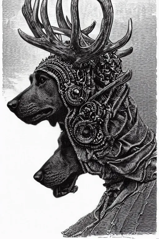Prompt: a vibrant! sideview waist up portrait of dog wearing big antler headdress and armor by laurie greasley and rene magritte, etching by gustave dore, colorful flat surreal ethereal, intricate, sharp focus, illustration, highly detailed, digital painting, concept art, masterpiece