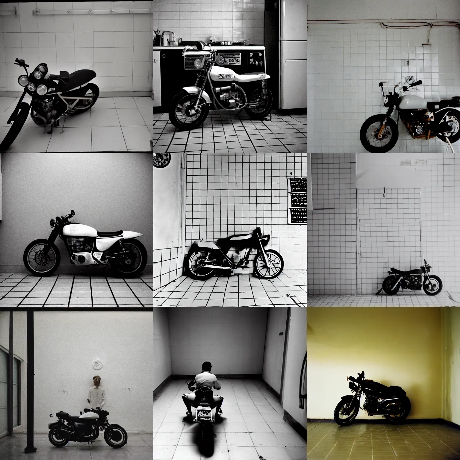 Prompt: a motorbike standing in the middle of a small kitchen, white tile on the floor, surreal, david lynch style, shot on film, 3 5 mm, cinematic