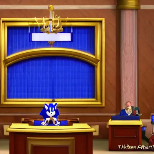 Prompt: Sonic the Hedgehog testifying before the US senate. Realistic, 8k, dramatic lighting, highly detailed.