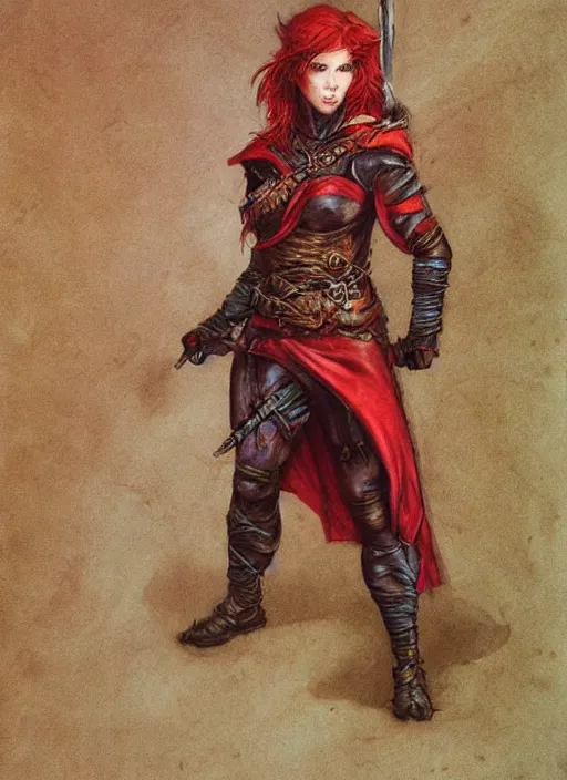 Image similar to portrait of strong female ranger, beautiful! coherent! dungeons and dragons character, by brian froud, strong line, deep color, leather armor, short red hair, high contrast