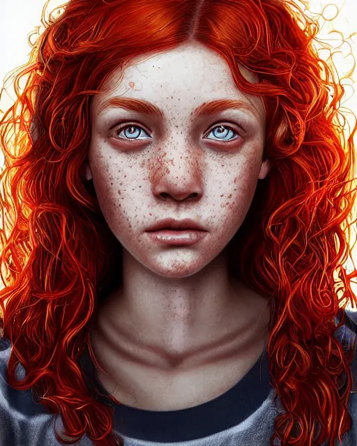 Image similar to portrait of 1 4 - year - old girl with flaming red hair, a lot of freckles, and bright brown eyes, wearing shirt, hyper realistic face, beautiful eyes, character art, art by mark brooks, hyperdetailed, cryengine, trending on artstation, digital art