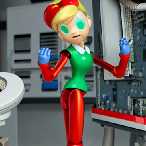 Image similar to pixar - style rendering of : roll is repairing computers in dr. light's laboratory. roll is a cute female ball - jointed robot ( in the style of mega man ) who has blonde hair with bangs and a ponytail tied with a green ribbon. she is wearing a red one - piece dress with a white collar, and red boots.